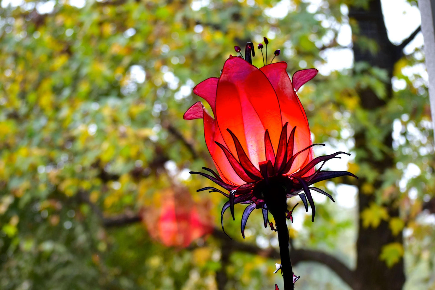 lampada da tavolo fiore rosso: pezzo unico di illuminazione fatto e dipinto a mano