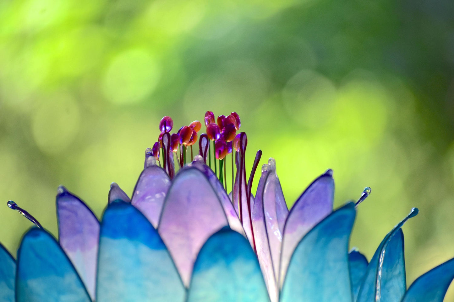 Lampada da tavolo a forma di fiore azzurro e viola con base in ceramica