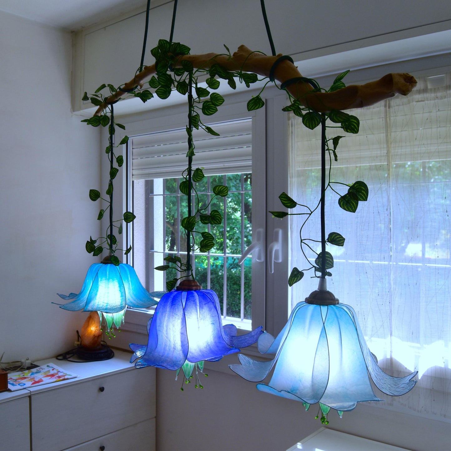 suspension lamp 3 floral lights blue and white for romantic and fairy ambient - lampada Fiorediluce