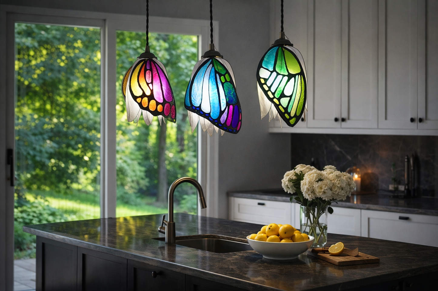 Lampadario 3 farfalle in resina, illuminazione artigianale personalizzabile, su ordinazione - Fiorediluce