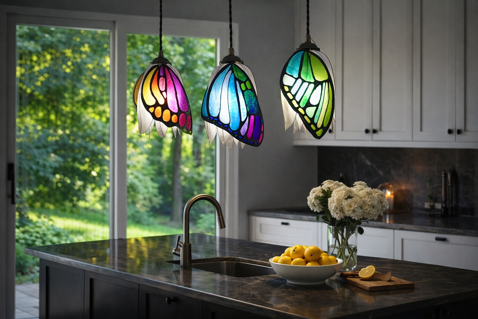 Lampadario 3 farfalle in resina, illuminazione artigianale personalizzabile, su ordinazione - Fiorediluce