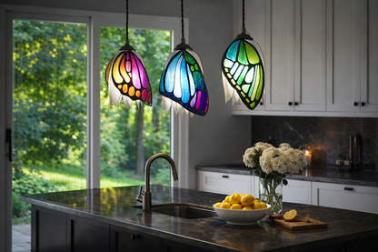 Lampadario 3 farfalle in resina, illuminazione artigianale personalizzabile, su ordinazione - Fiorediluce