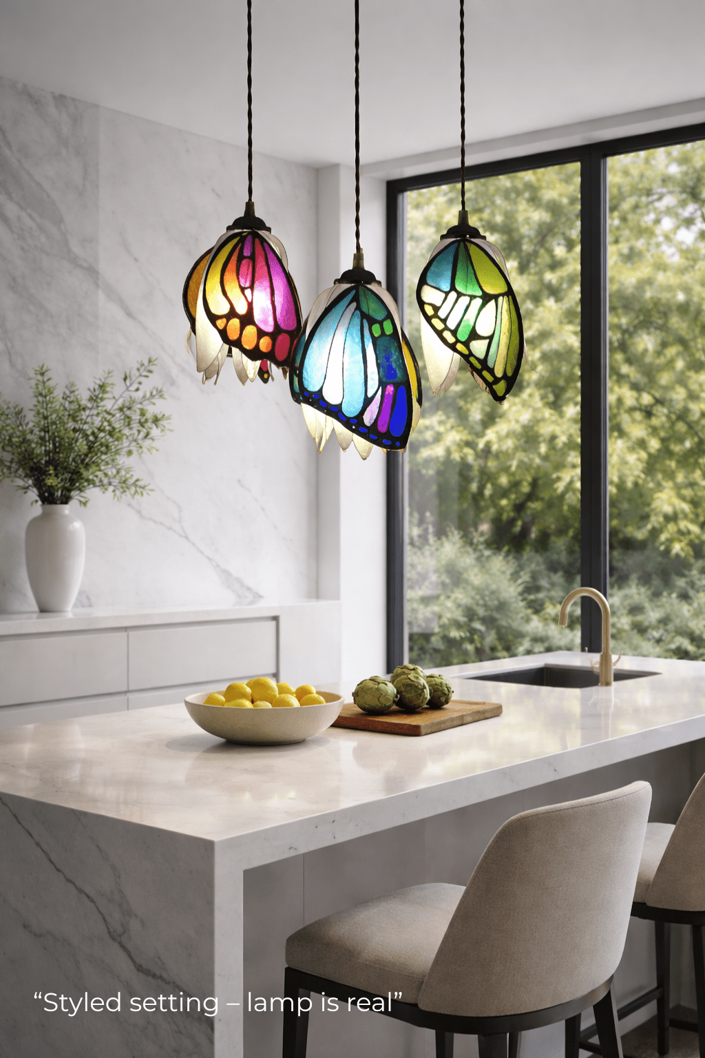 Lampadario 3 farfalle in resina, illuminazione artigianale personalizzabile, su ordinazione - Fiorediluce