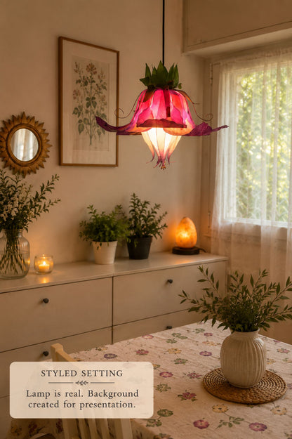 lampadario fiore fucsia viola e giallo fatto a mano in resina, pezzo unico - Fiorediluce