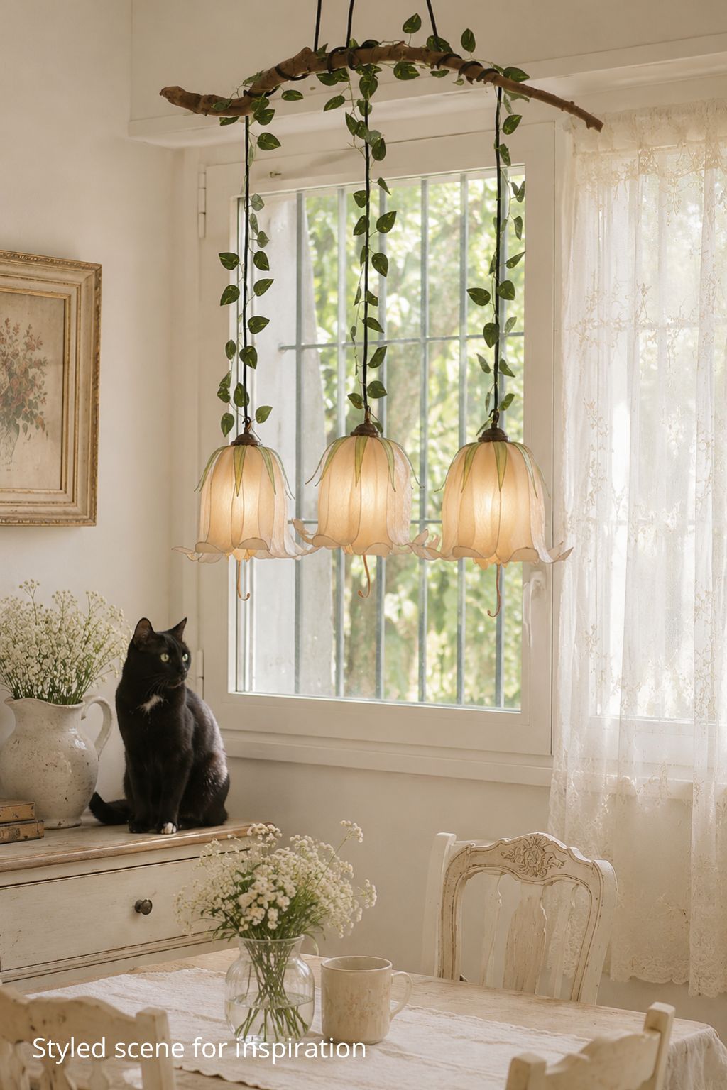 Lampada sospensione 3 luci a forma di fiori beige fatta a mano - Fiorediluce