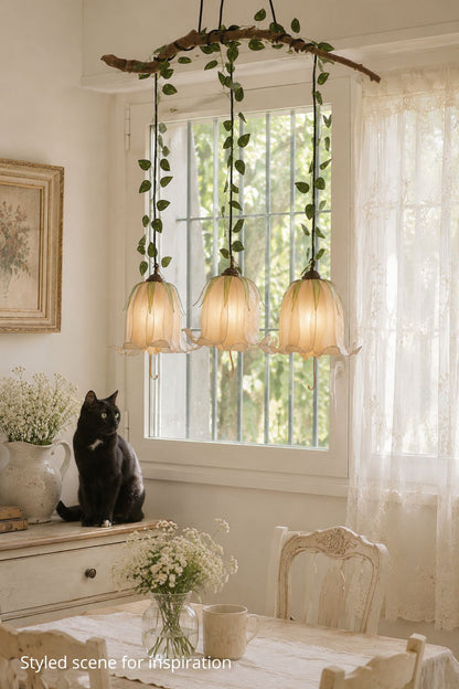 Lampada sospensione 3 luci a forma di fiori beige fatta a mano - Fiorediluce