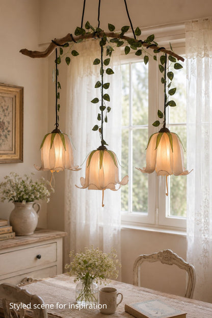 Lampada sospensione 3 luci a forma di fiori beige fatta a mano - Fiorediluce