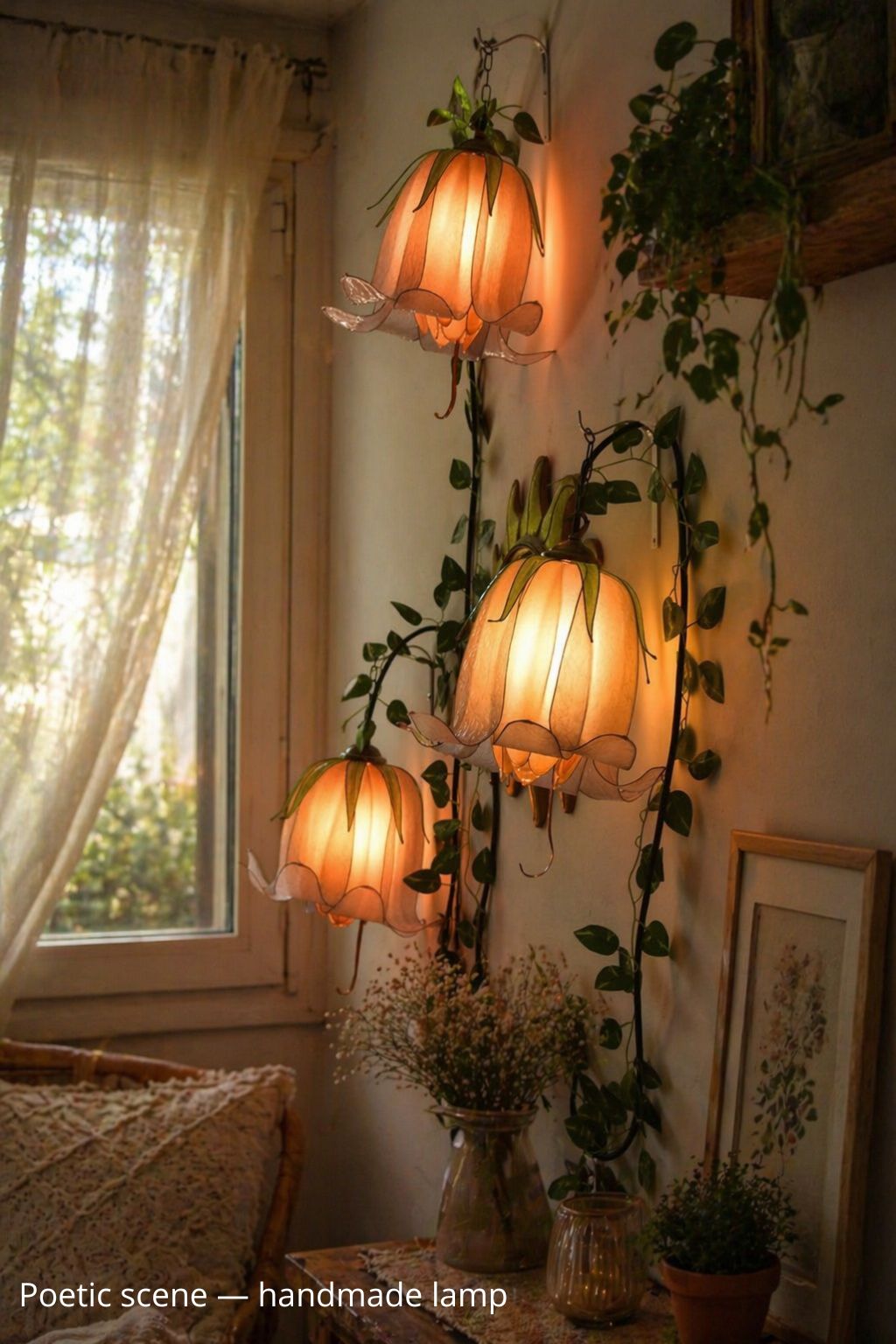 Lampada da muro 3 luci floreali rampicanti beige in resina - Fiorediluce