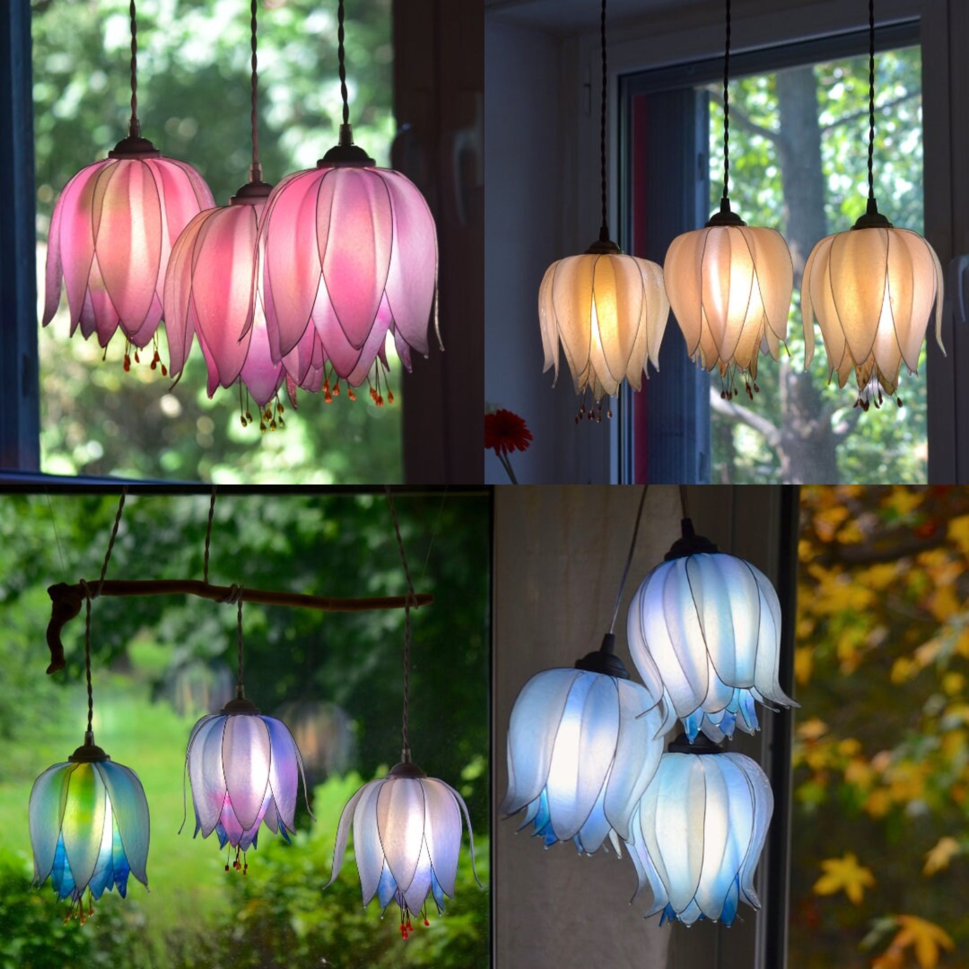 lampada a sospensione 3 luci forma di fiori in resina: ambiente romantico floreale - Fiorediluce
