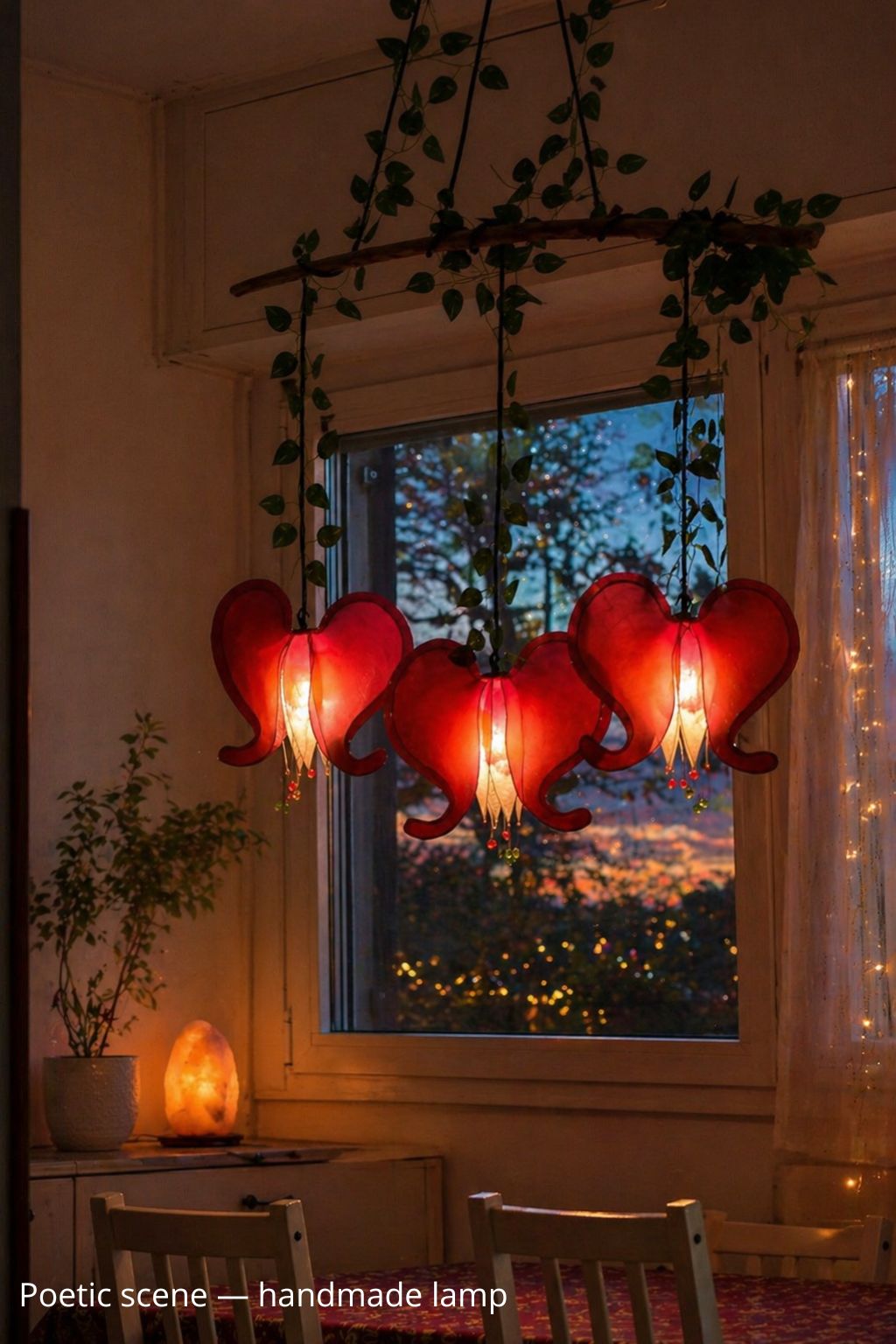 lampadario a 3 luci fiore rosso cuore sanguinante, illuminazione artigianale in resina - Fiorediluce