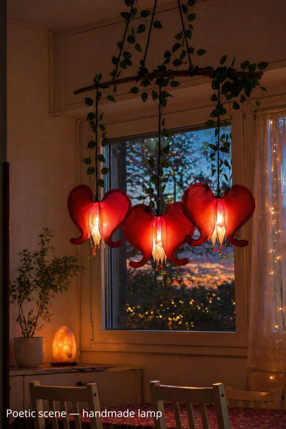 lampadario a 3 luci fiore rosso cuore sanguinante, illuminazione artigianale in resina - Fiorediluce