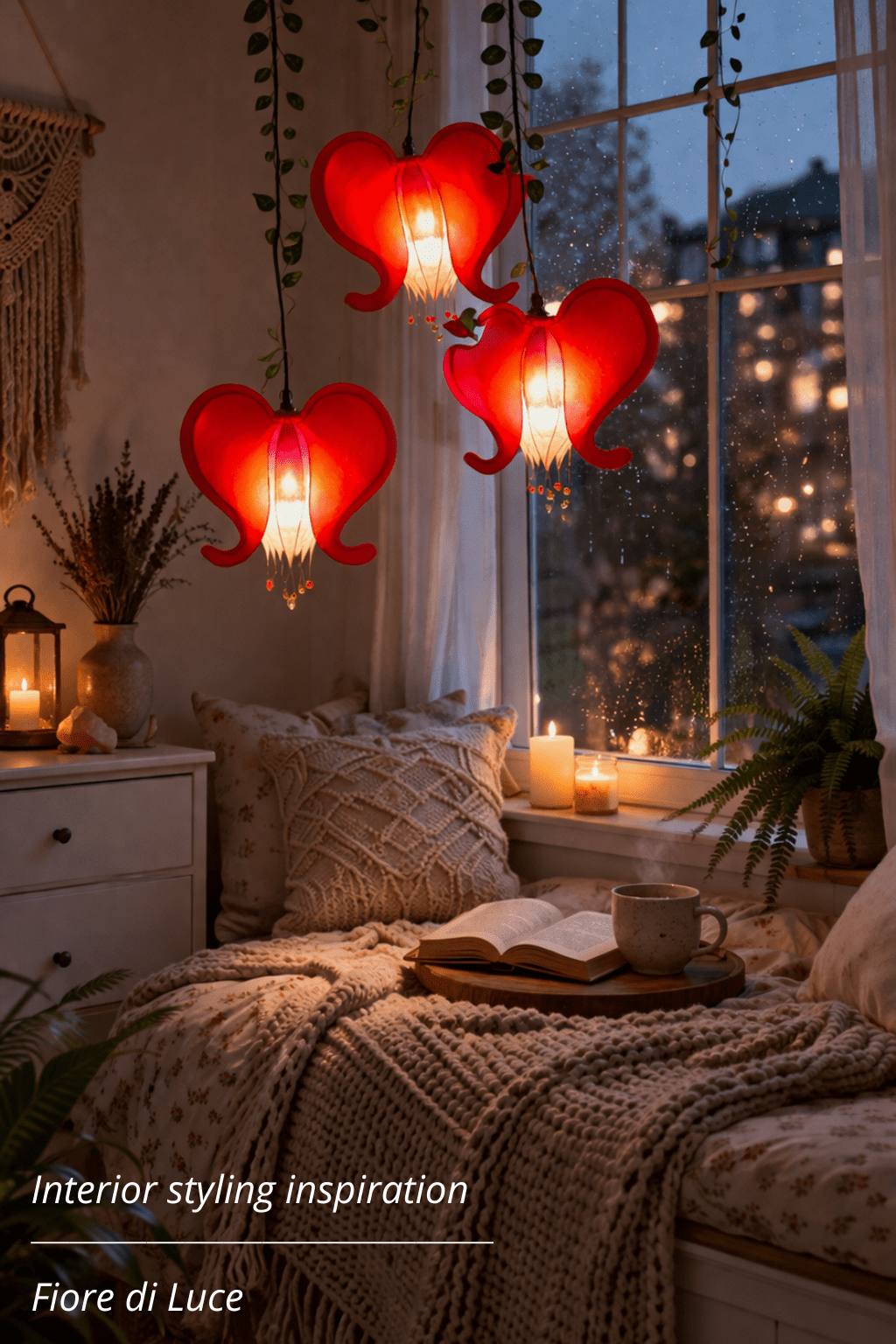 lampadario a 3 luci fiore rosso cuore sanguinante, illuminazione artigianale in resina - Fiorediluce
