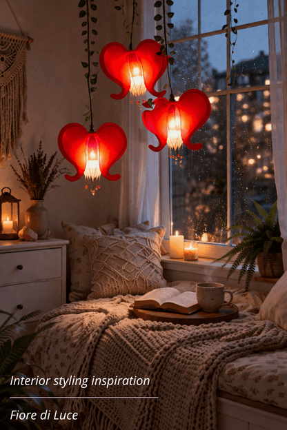 lampadario a 3 luci fiore rosso cuore sanguinante, illuminazione artigianale in resina - Fiorediluce