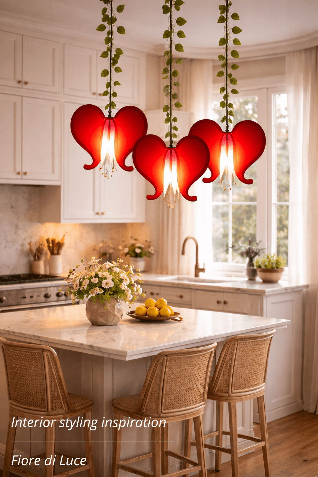 lampadario a 3 luci fiore rosso cuore sanguinante, illuminazione artigianale in resina - Fiorediluce