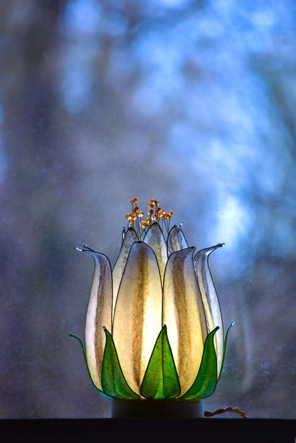 lampada da tavolo fiore di loto beige fatta e dipinta a mano - Fiorediluce