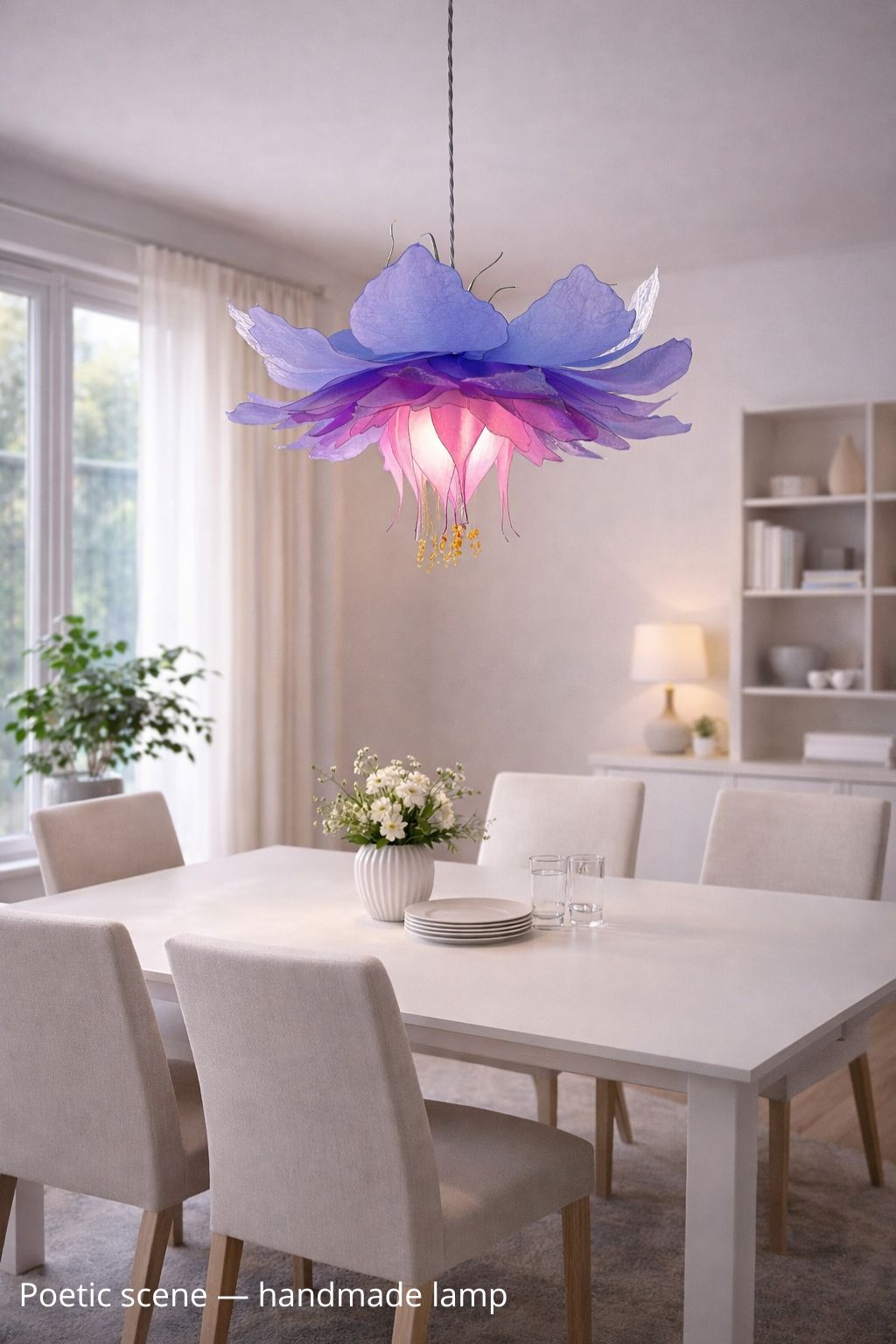 Lampada sospensione fiore viola rosa con 56 petali fatto e dipinto a mano - Fiorediluce