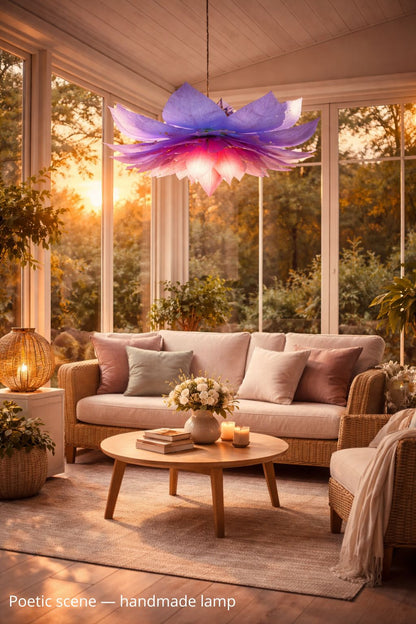 Lampada sospensione fiore viola rosa con 56 petali fatto e dipinto a mano - Fiorediluce