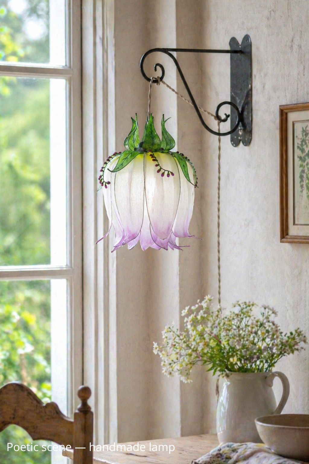 Lampada da muro forma di bocciolo di fiore bianco viola in resina dipinta a mano - Fiorediluce