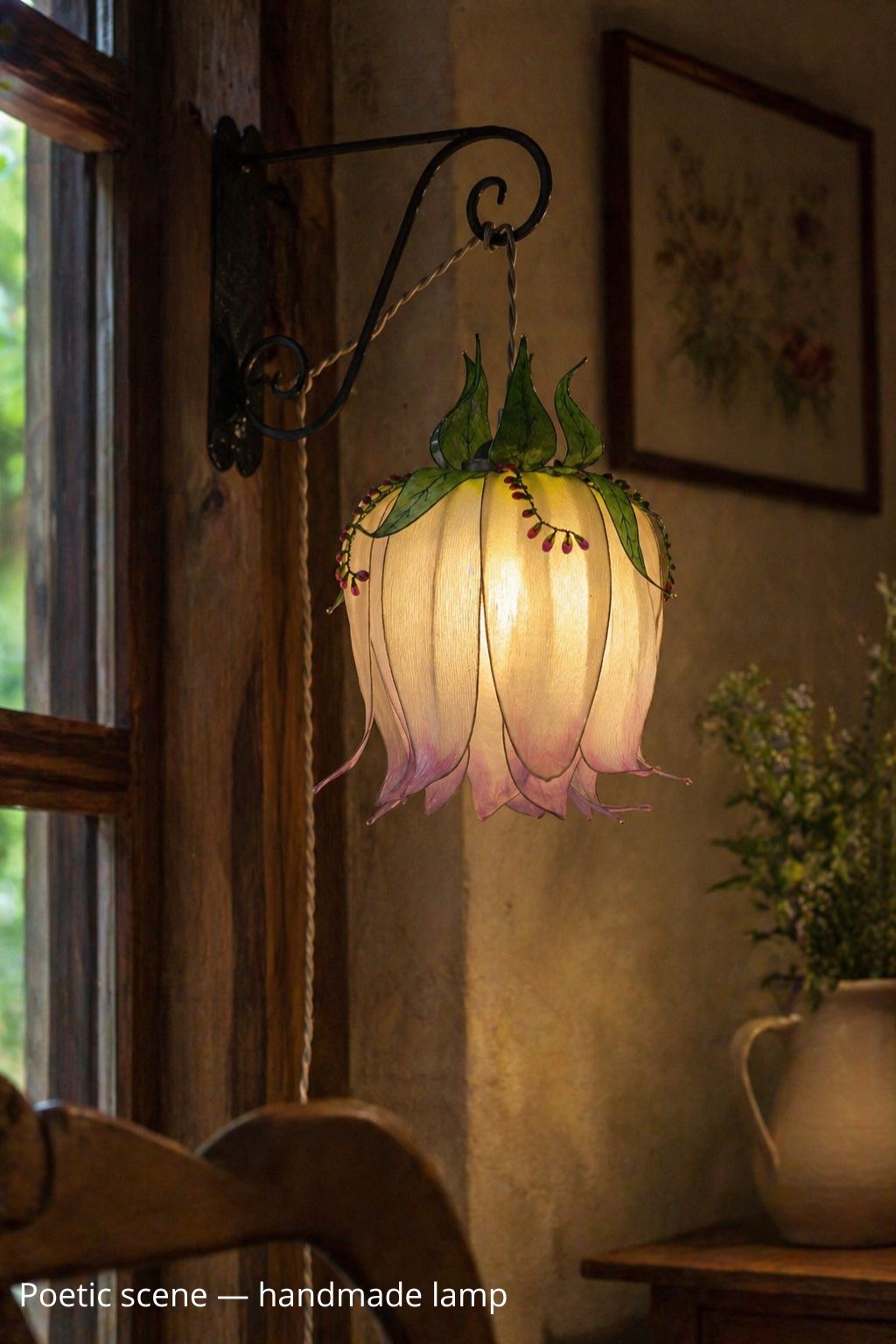 Lampada da muro forma di bocciolo di fiore bianco viola in resina dipinta a mano - Fiorediluce
