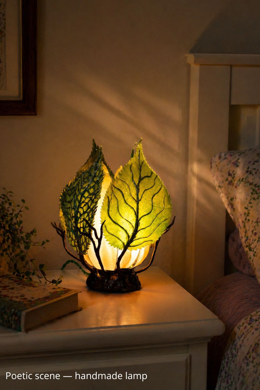 Lampada da tavolo artigianale con foglie verdi grandi in resina - Fiorediluce