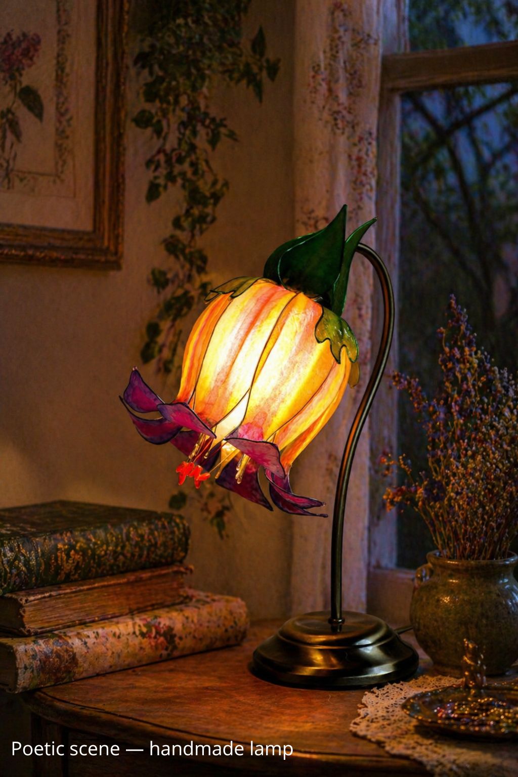 Lampada da tavolo fiore arancio viola su stelo di metallo ottonato, arte luminosa - Fiorediluce