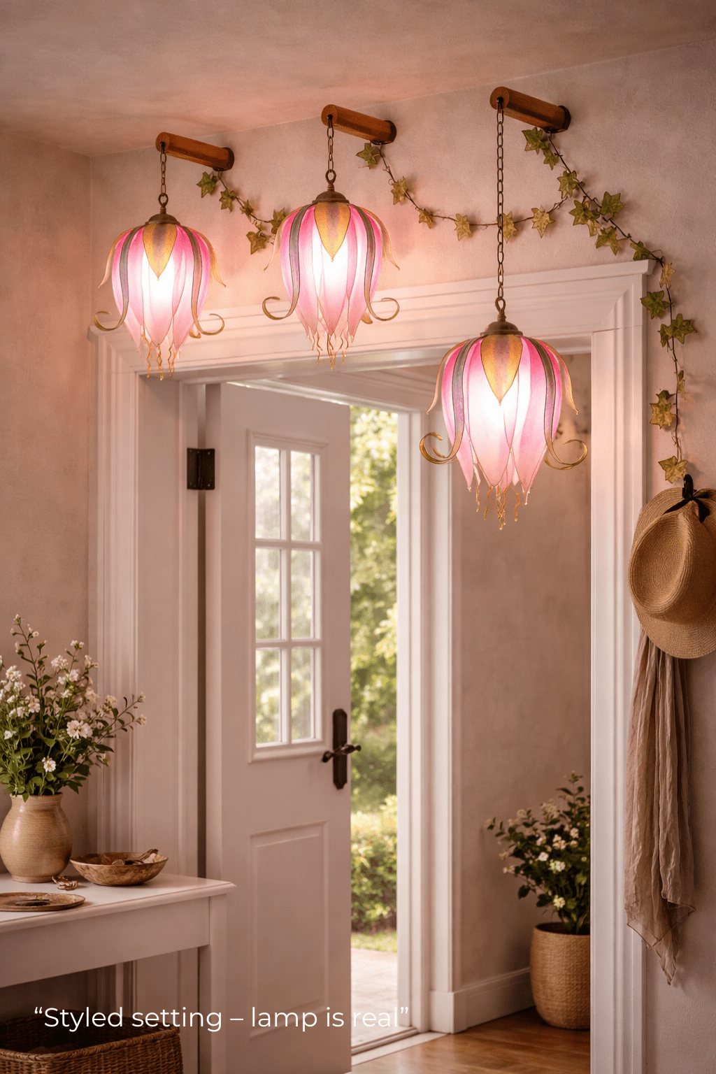 lampada da parete a 3 luci a forma di boccioli luminosi di fiori rosa rampicanti - Fiorediluce
