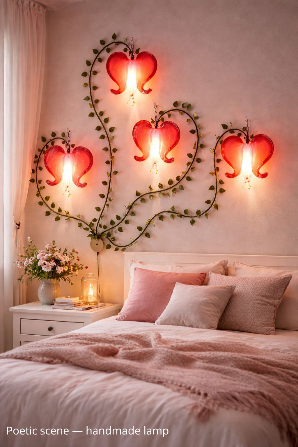 lampada da muro rossa a fiori cuori sanguinanti, decorazione artigianale da parete - Fiorediluce
