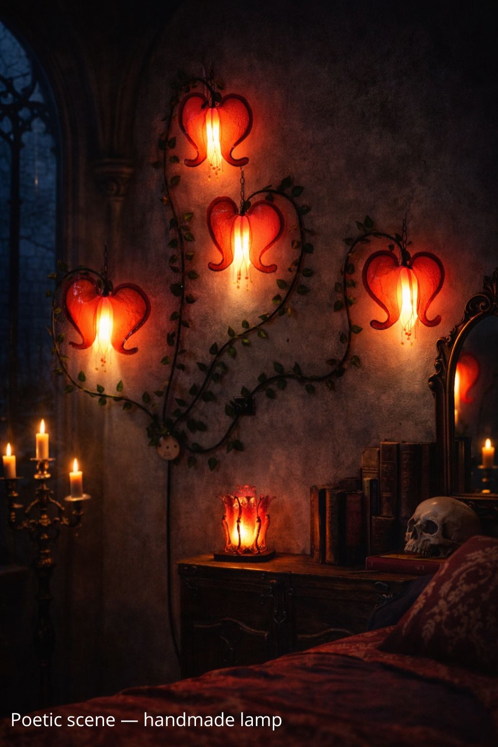 lampada da muro rossa a fiori cuori sanguinanti, decorazione artigianale da parete - Fiorediluce
